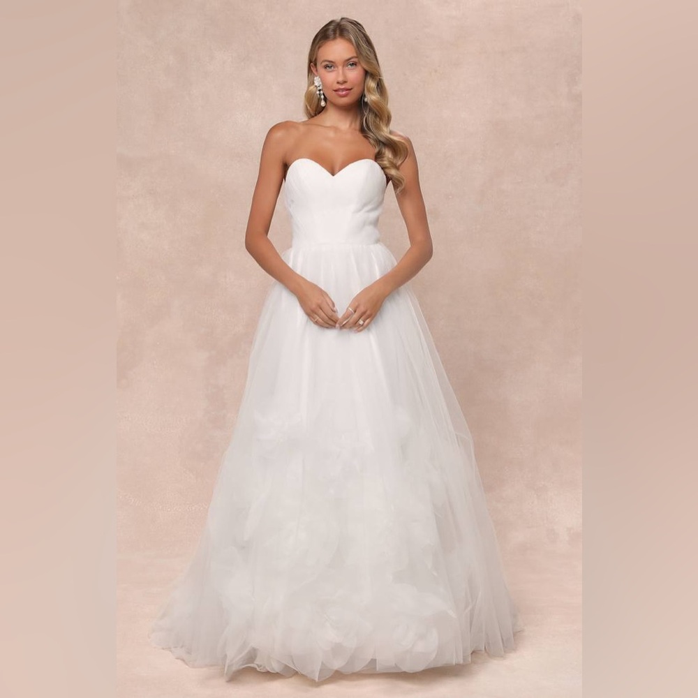 Lulus Beloved Vow Strapless Wedding Dress Small White Tulle 3D Flower Pleated - Picture 1 of 12